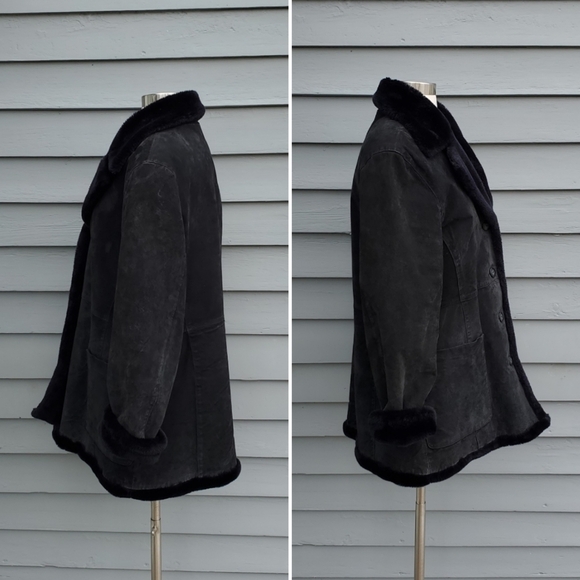 Vintage 90s y2k Bratz Black Leather Plush Faux Fur Lined Penny Lane Rancher Coat - Picture 4 of 8